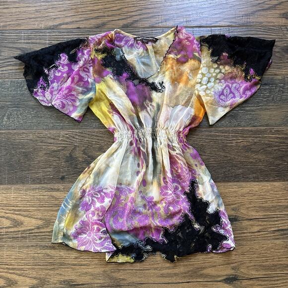 Y2K Mushka Sheer Boho Top Size Small Lace Trim Cinched Waist Flutter Fairycore - Picture 1 of 9